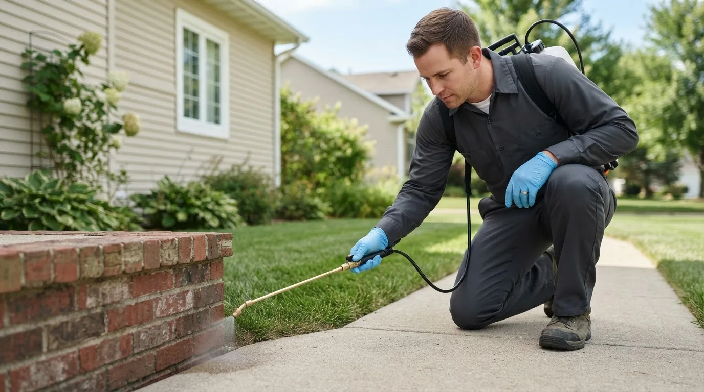 Pest control technician treating a home near Kansas, OK